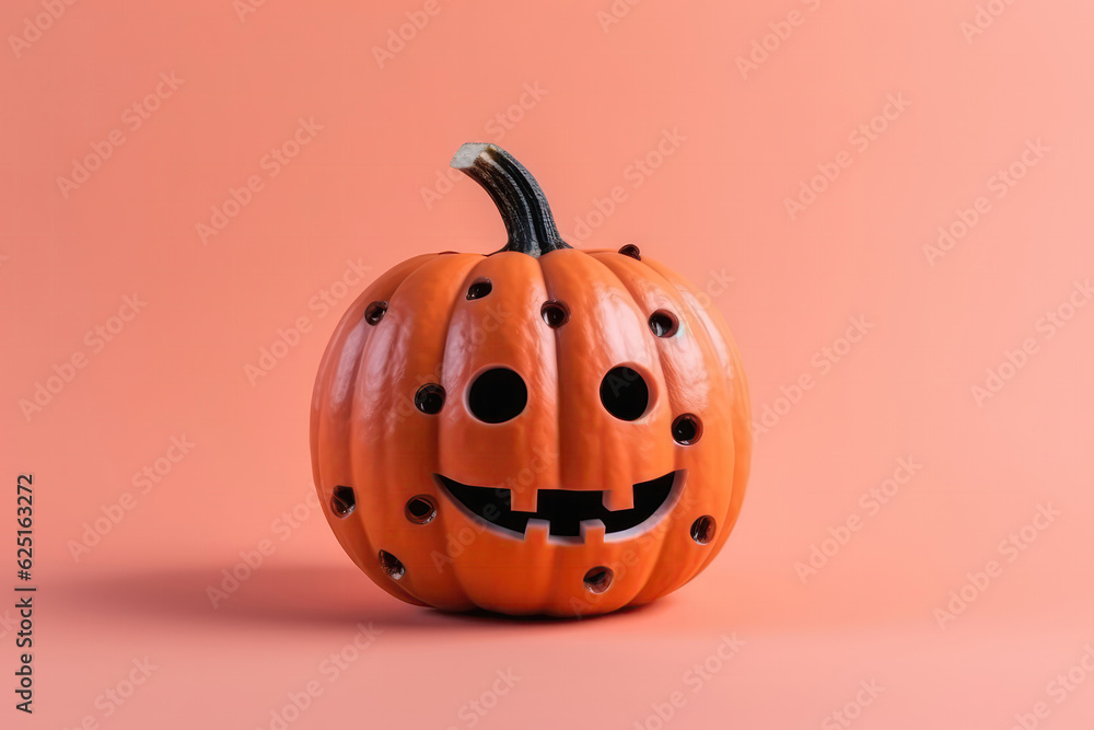 Pumpkin With Funny Face On Pink Background On The Side Place To Copy Halloween. Generative AI