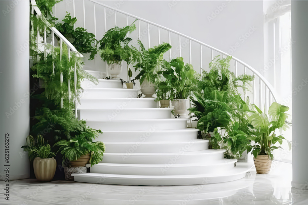 Staircase With Green Plants For Landscape Design On White Background. Generative AI
