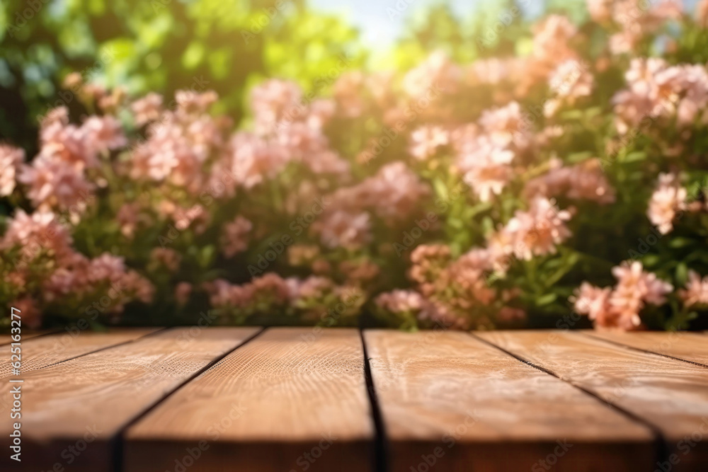 Wooden Podium Tabletop Blurs The Tranquil Garden With Blooming Flowers Backdrop, Empty Display Case For A Cosmetic Or Food Product.. Generative AI