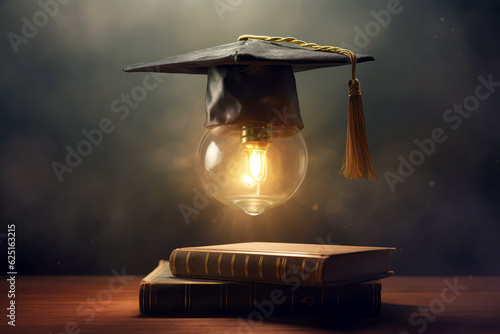 Graduation Cap With Light Bulb Inside, Representing Ideas. Generative AI