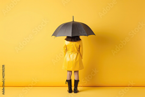 Girl In Rubber Rain Boots And With Umbrella On Yellow Background, Standing With Her Back. Generative AI