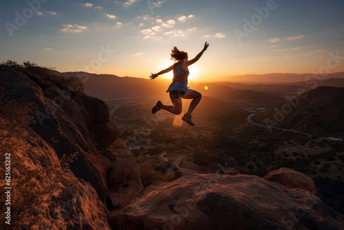 Woman Jumping High In Air At Sunset. Generative AI © Anastasiia