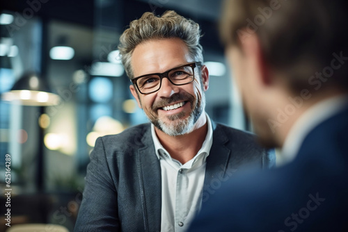 Business Charm: A captivating middle-aged businessman, beaming with a charming smile at the camera - Generative AI