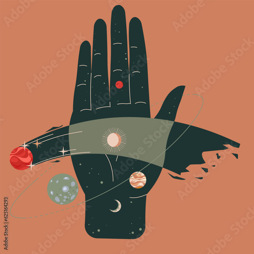Palm and celestial bodies, planets stars on hand
