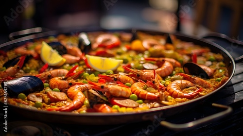 Seafood and rice Spanish paella in large round pan.
