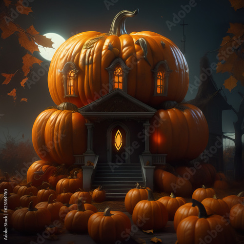 Fantasy Pumpkin Haunted House. Halloween Wallpaper. Strange house with glowing yellow lights on a gloomy night background. Many pumpkins are lying on the ground. Generative AI illustration.