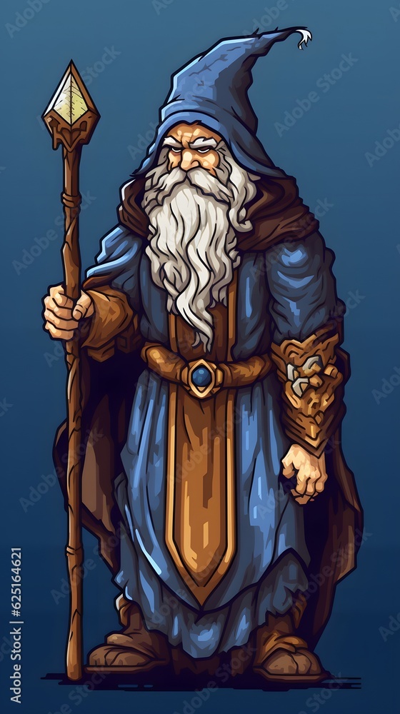 Obraz premium Pixel art wizard character for RPG game, character in retro style for 8 bit game