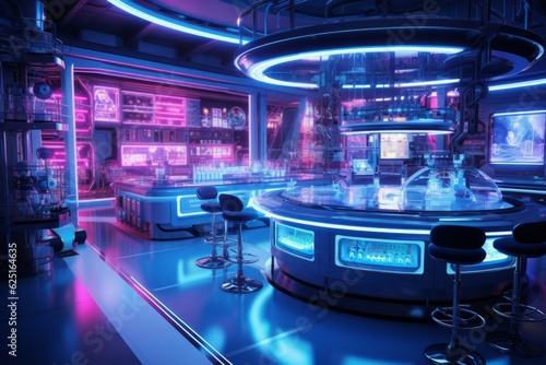 Futuristic science laboratory with modern research equipment. 