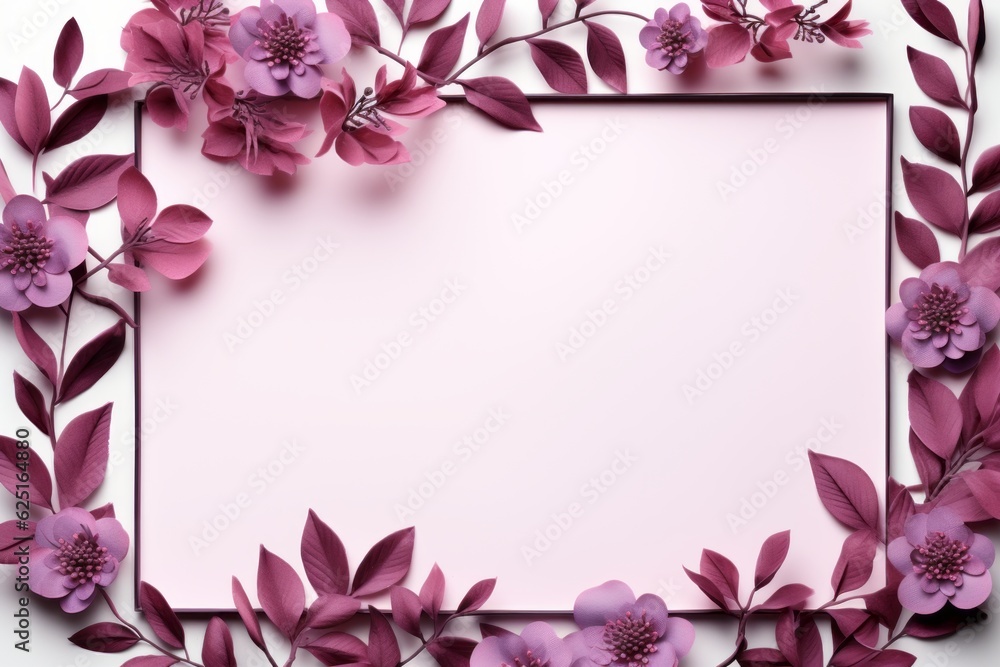 Fototapeta premium Violet frame and pink leaves with empty space. Flat lay. Minimal nature concept. 