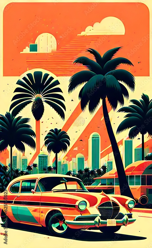 Poster in retro style, with retro cars.