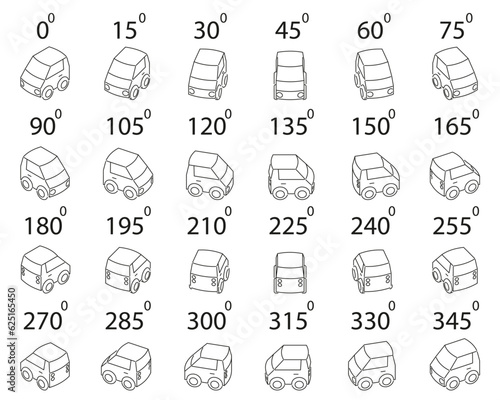 A set of 24 compact cars from different angles. Rotation of the car coupe in outline by 15 degrees for animation.  