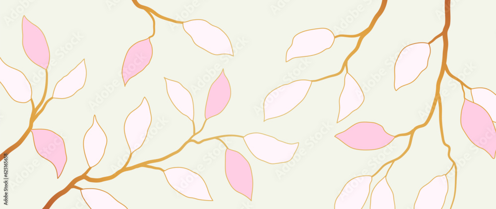 Abstract vector botanical background of golden foliage texture. Luxury leafy wallpaper of tropical, leafy branches, pink leaves. Design for fabric, banner, print, design, wall decor.