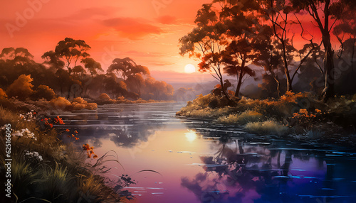 Painting of sunset over the river