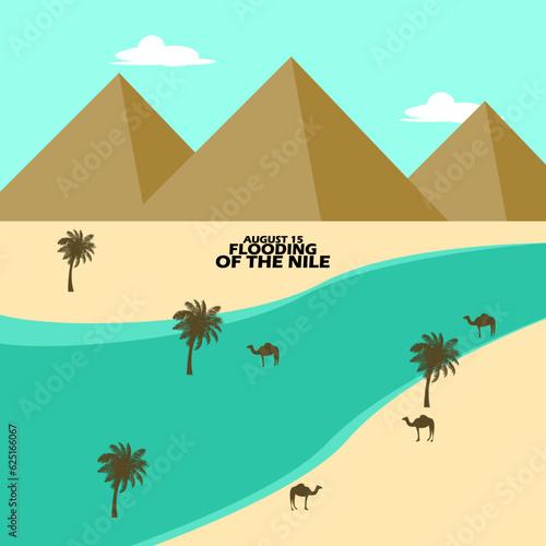 The flood that occurred on the Nile River with trees, camels and the Pyramids in Egypt to commemorate Flooding of the Nile on August 15 Egypt