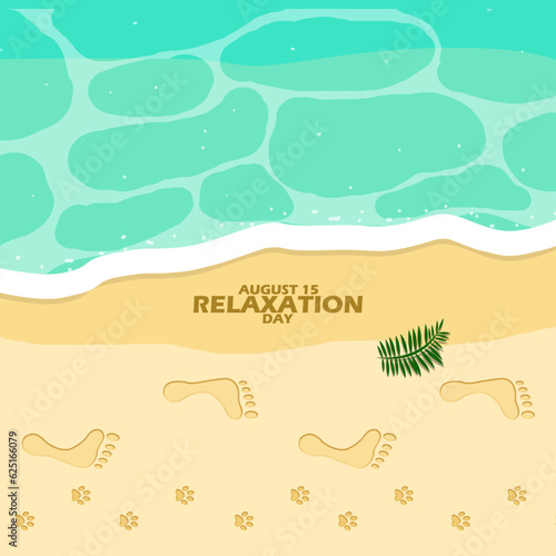 Footprints of a person with animal footprints on the beach sand with branches and bold text to  celebrate National Relaxation Day on August 15