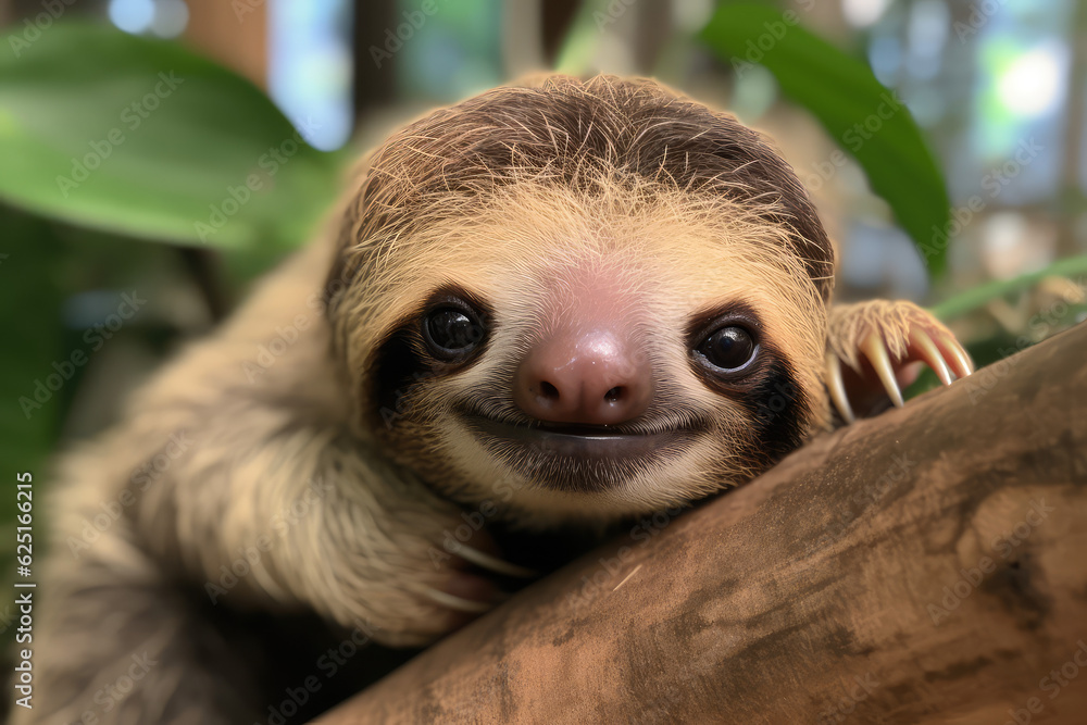 Cute sloth smiling in the background of wildlife, summer forest. A cute
