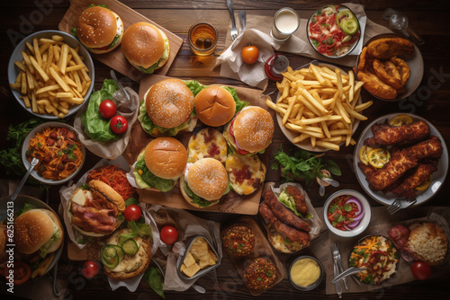 fast food table top view hamburger hot dog snack, ai generation