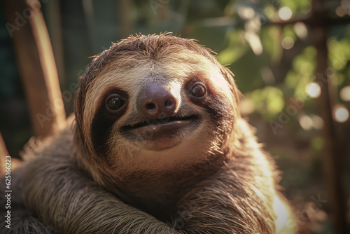 Cute sloth smiling in the background of wildlife, summer forest. A cute sloth in its natural habitat. Wallpaper with wild animals.