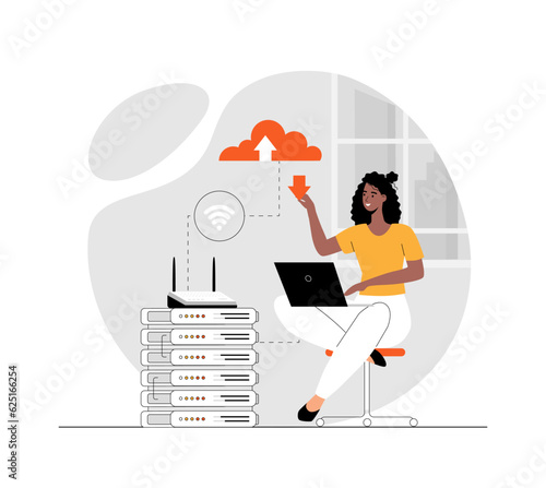 Wireless Internet connection technology. Wifi communication of gadgets to connect Internet network. Illustration with people scene in flat design for website and mobile development