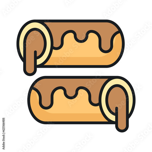 A small, soft, log shaped pastry filled with chocolate, modern flat eclair icon