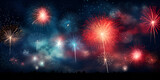 Happy new year.Bright red and blue fireworks in night sky 
