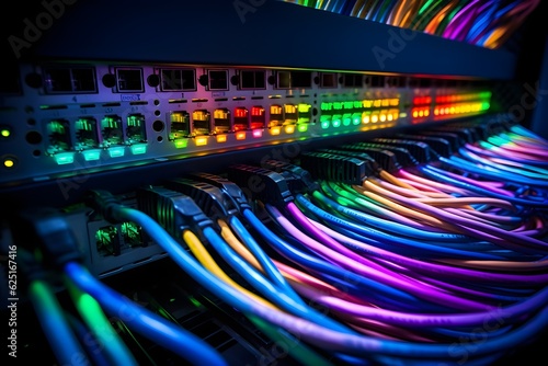 A close-up image showcasing fiber optic cables connected to a server in a data center, signifying high-speed data transmission in business operations.