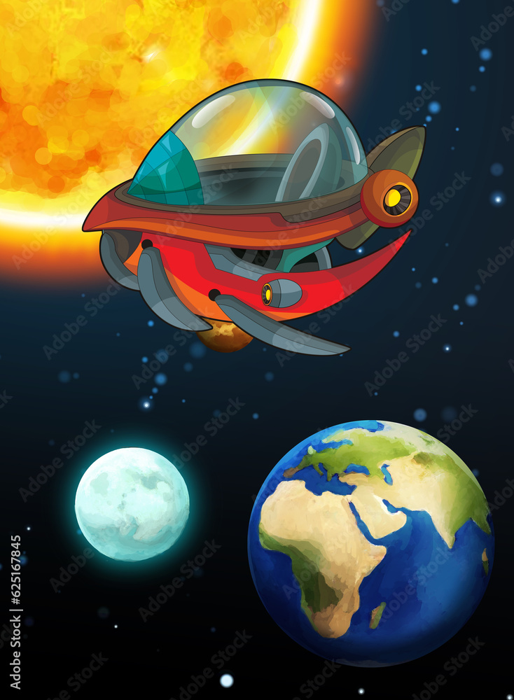 Naklejka premium Cartoon funny colorful scene of cosmos galactic alien ufo space craft ship isolated illustration for children