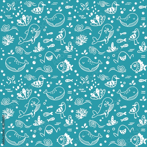 Nautical outline seamless pattern. Summer print with whales, seagulls, sharks and fishes