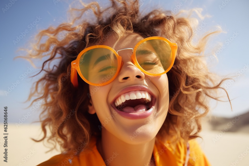Laughing woman in yellow sunglasses on the beach, Ai Generation