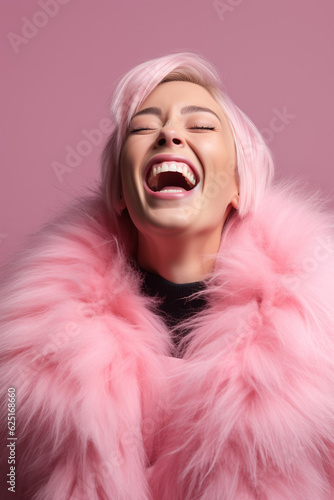 A woman in pink fur with an open mouth and a smile, in bold pop style, closeup