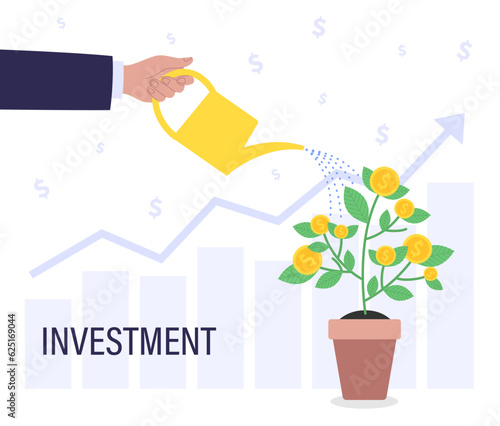 Man watering money plant as investment concept. Profitable business model. Bar chart and dollar signs on the background. Flat style vector illustration