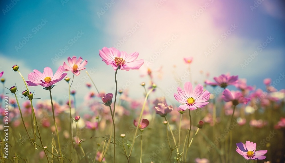 A vintage landscape of nature background with a beautiful cosmos flower field against the sky with sunlight