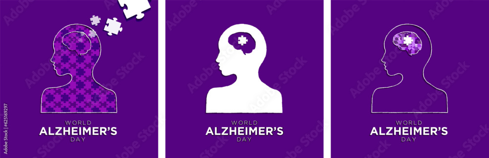 Set of World Alzheimer's Disease Artwork. Minimal Paper Art Concept. Head profile with puzzled mind, question marks. Vector Arts on colored backgrounds.
