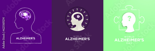 Set of World Alzheimer's Disease Artwork. Minimal Paper Art Concept. Head profile with puzzled mind, question marks. Vector Arts on colored backgrounds.