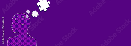 Mental health Icon human head and puzzle pieces Banner with cops space. Alzheimer's disease, memory loss, dementia, mental illness. Vector Illustration. EPS 10.