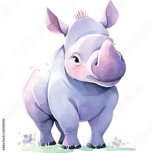 Cartoon rhinoceros watercolor for print design. Isolated graphic template.