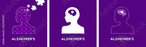 Set of World Alzheimer's Disease Artwork. Minimal Paper Art Concept. Head profile with puzzled mind, question marks. Vector Arts on colored backgrounds.