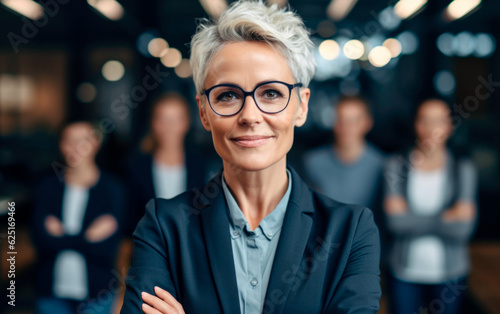 Confident mature businesswoman leader portrait in front of her team in the office. Handsome Middle aged CEO. AI Generative