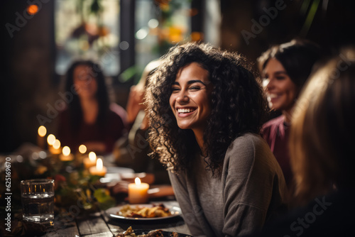 Cheerful group of friends enjoying a Friendsgiving potluck dinner in a loft  illustration with empty space for text 