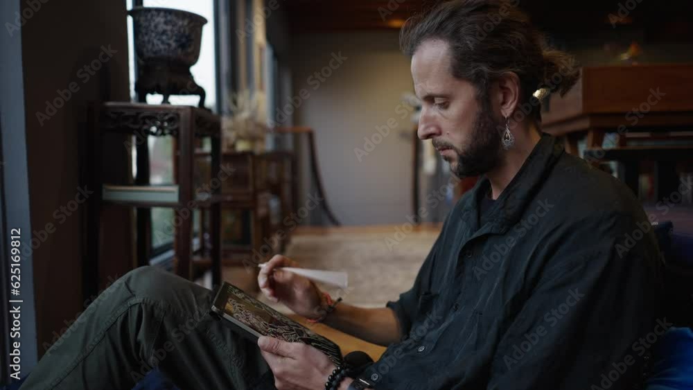 Adult male westerner touches his tablet with his fingers and pen Adult male westerner touches his tablet with his fingers and pen