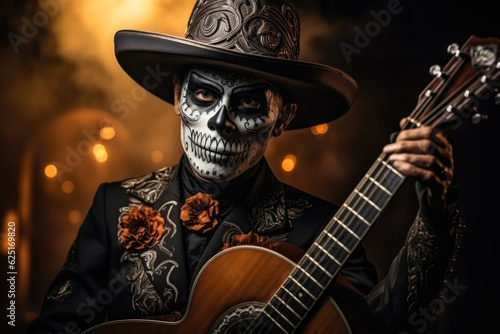 Portrait of a man in a mariachi costume and skull makeup; illustration with empty space for text 