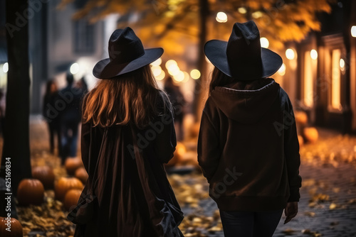 Teenagers in ghost and witch costumes roaming the streets; under a starry Halloween night; illustration with empty space for text 