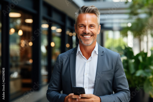 Happy mid aged business man ceo standing in office using mobile phone  illustration with empty space for text  © fotogurmespb