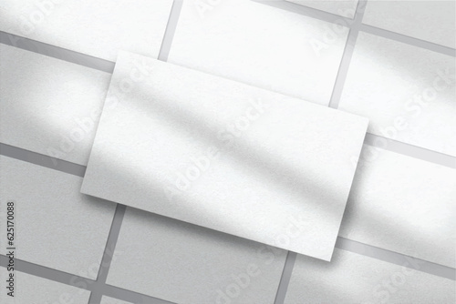 Realistic pattern elegant and minimalist white blank business card mockup powerpoint presentation . 3D vector illustration. Windows shadow and leaves overlay on isolated background.