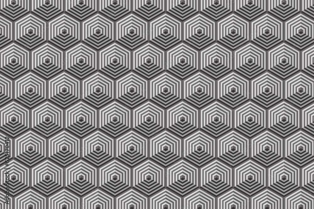 3d volume optical illusion effect grey hexagon seamless pattern. Gray color hexagonal structure geometric background. Vector illustration.