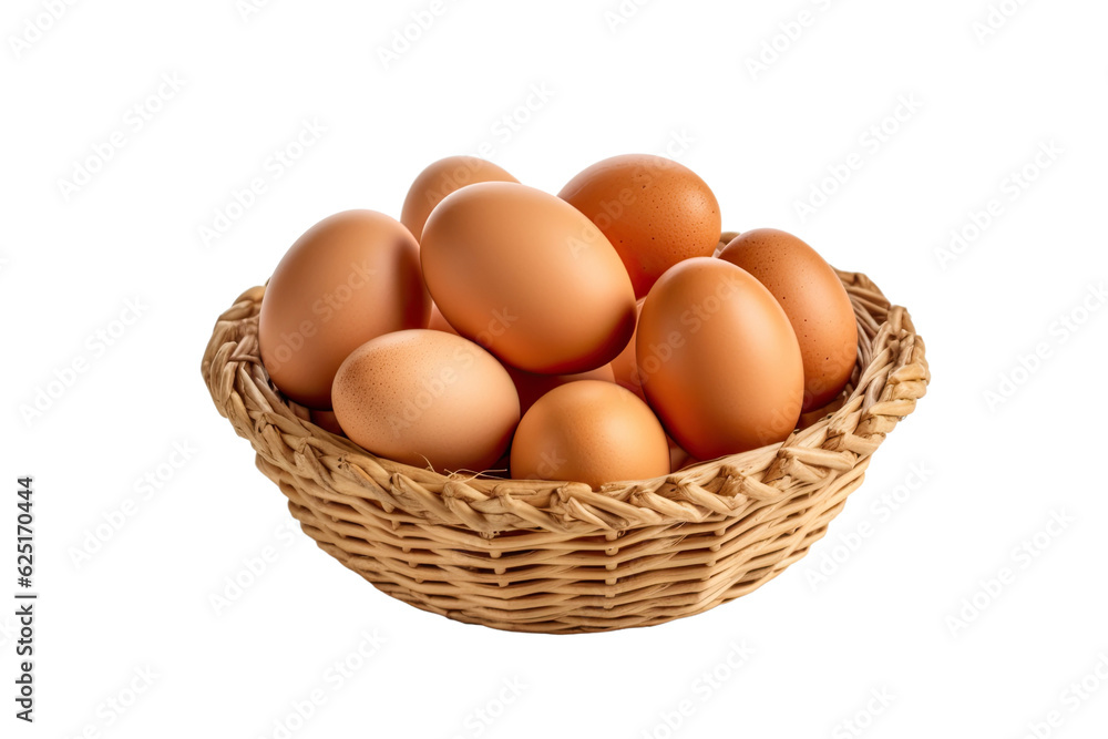 Studio photoshoot of eggs in a basket , transparent background, PNG. Studio photoshoot of eggs in a basket , transparent background, PNG.