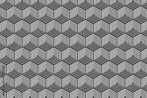 3d volume optical illusion effect grey hexagon seamless pattern. Gray color hexagonal structure geometric background. Vector illustration.
