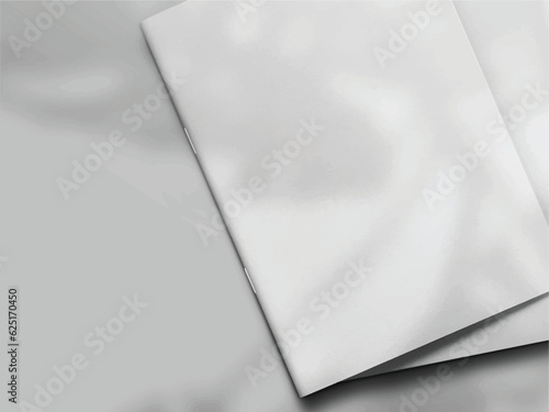 Realistic empty blank A4/A5 flyer, booklet, half-fold, brochure, leaflet, book presentation template design. Window and leaves shadow overlay, isolated on white background. 3D Vector Illustration.