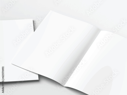 Realistic empty blank A4/A5 flyer, booklet, half-fold, brochure, leaflet, book presentation template design. Window and leaves shadow overlay, isolated on white background. 3D Vector Illustration.