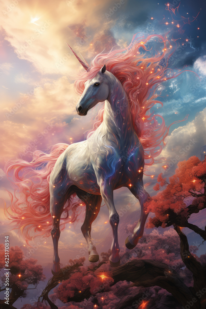 Majestic portrait of an ethereal mythical Unicorn against a magical cloudy backdrop.